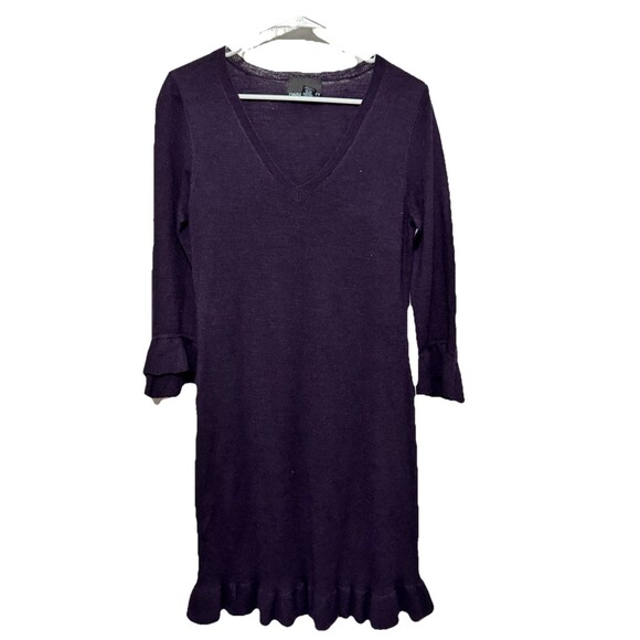 Cynthia Rowley 100% Merino Wool Sweater Dress Purple Size M Ruffle Hem & Sleeves - Picture 1 of 3